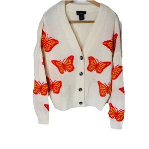 Runway Sz M Monarch Butterfly Orange White Cardigan Sweater Y2k Women's Knit